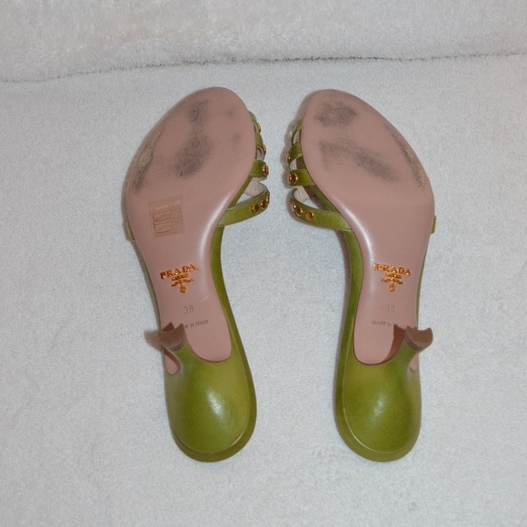Prada Green Gold Studded Slip On Kitten Heels - Picture 5 of 6